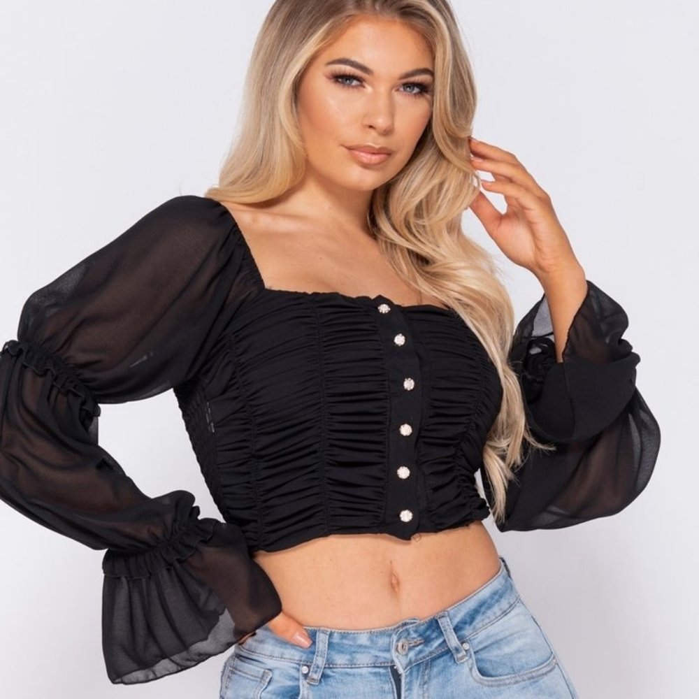 Black Long Sleeve Off Shoulder Ruched Crop Top - Picture 6 of 9